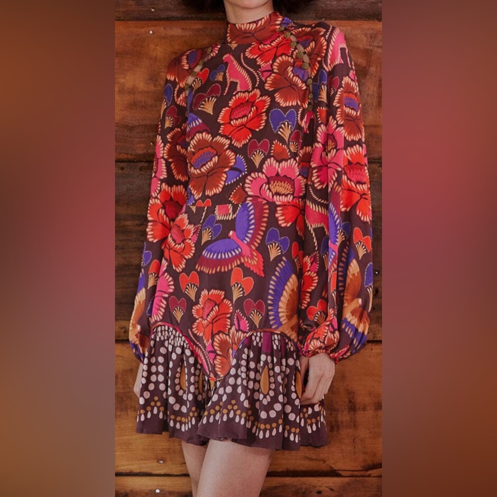 FARM Rio Floral Mini Dress - Red, Purple, Brown